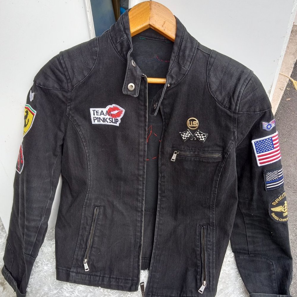 Rare  Ralph Lauren Black Denim Trucker Jacket 1967 USRL Riders Patchwork S